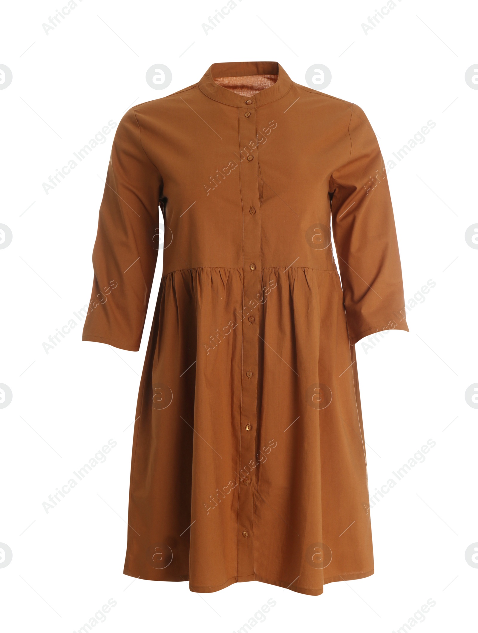 Photo of Elegant brown dress on mannequin against white background. Women's clothes