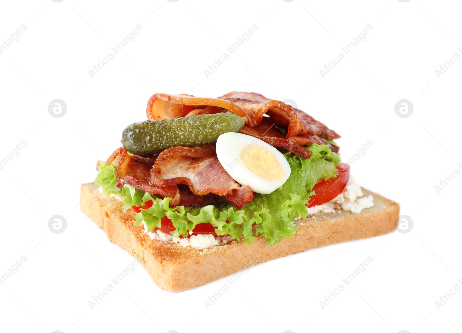 Photo of Tasty sandwich with bacon isolated on white