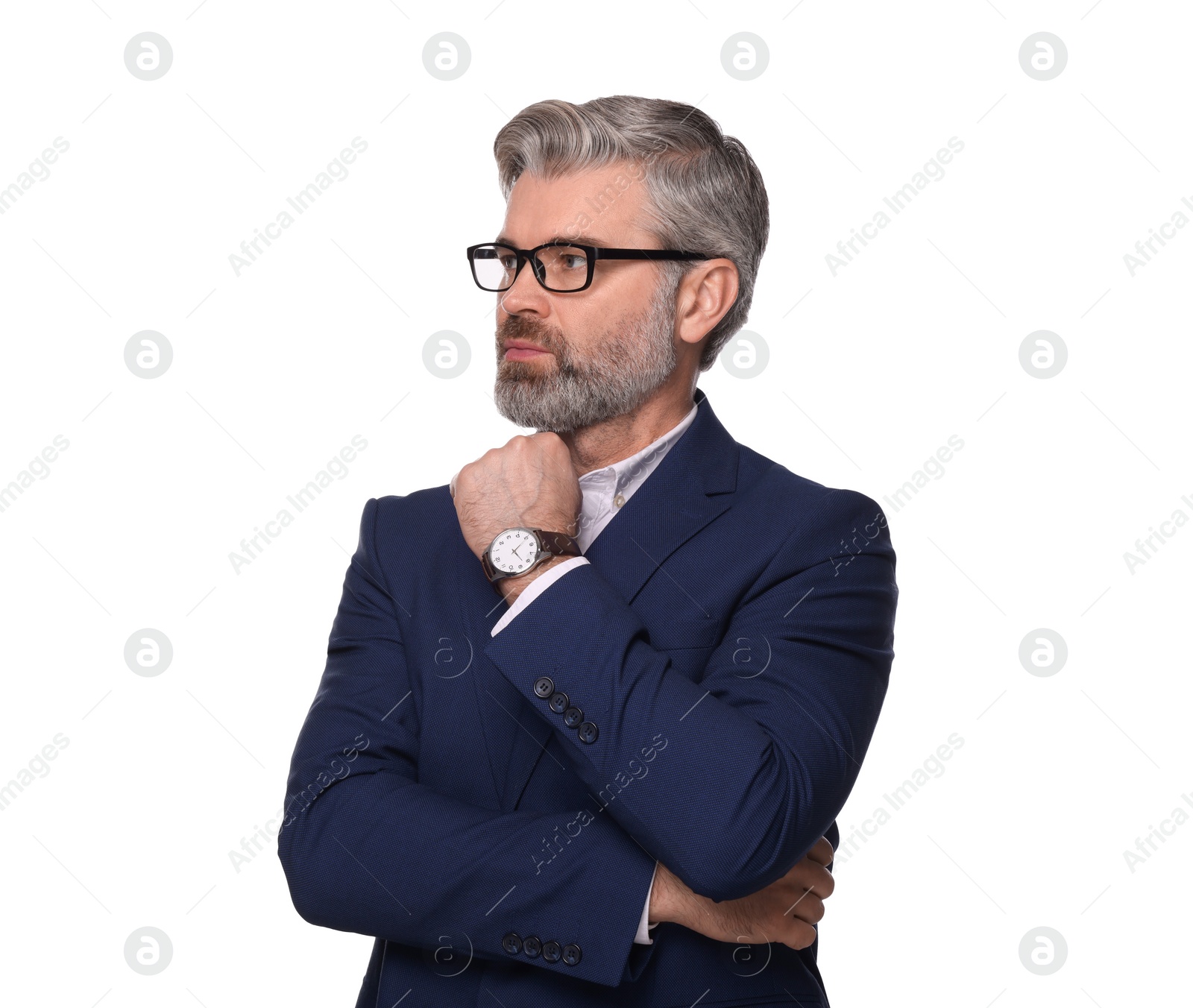 Photo of Portrait of serious man in glasses on white background. Lawyer, businessman, accountant or manager