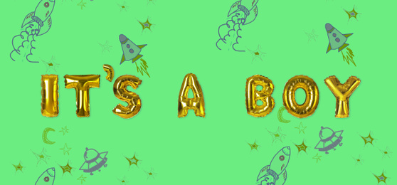 Phrase ITS A BOY made of foil balloon letters on green background, banner design. Baby shower party