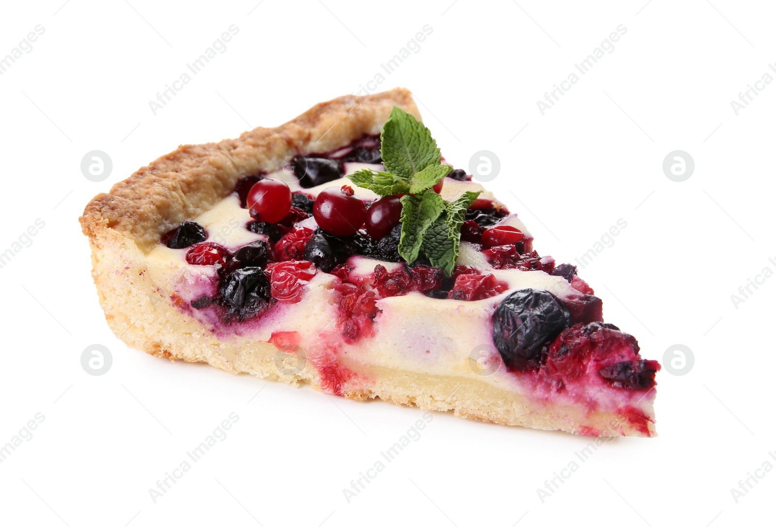 Photo of Piece of delicious currant pie isolated on white