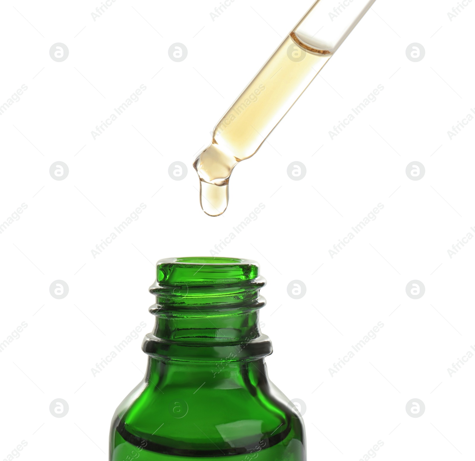 Photo of Little bottle with essential oil and dropper on white background