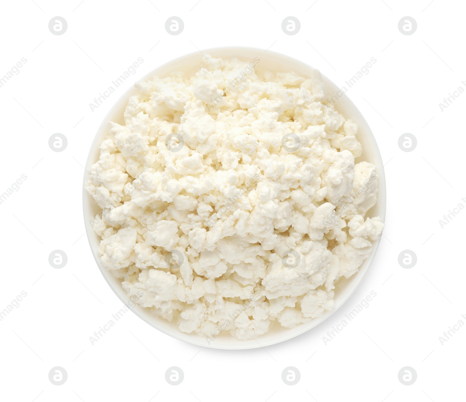 Photo of Delicious fresh cottage cheese in bowl isolated on white, top view