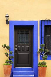 Photo of Entrance of residential house with door, potted plants and window