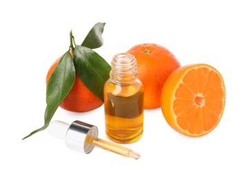 Aromatic tangerine essential oil in bottle, pipette and citrus fruits isolated on white