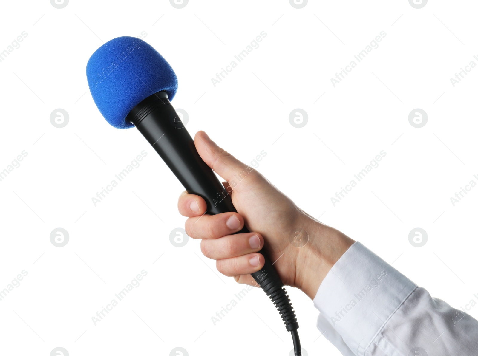 Photo of Woman holding microphone on white background, closeup