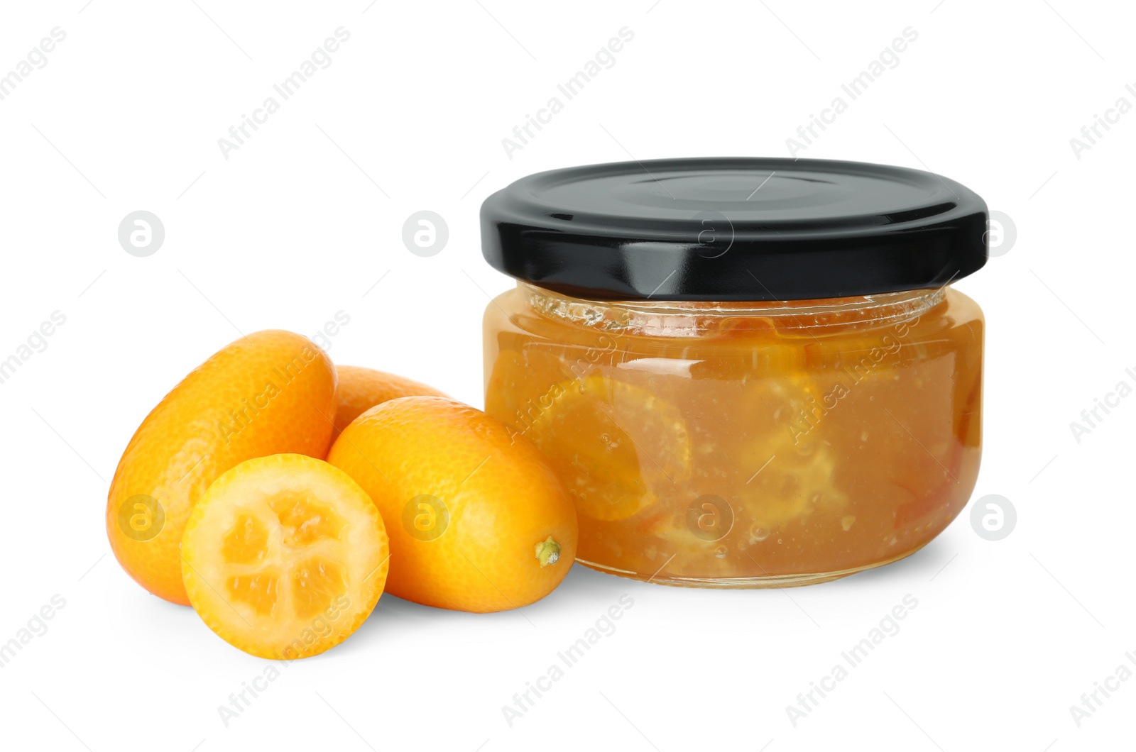 Photo of Delicious kumquat jam in jar and fresh fruits on white background