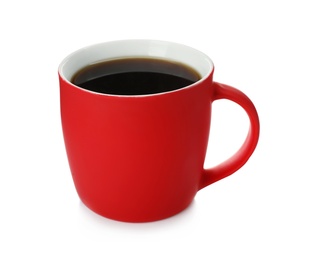 Red ceramic cup with hot aromatic coffee on white background