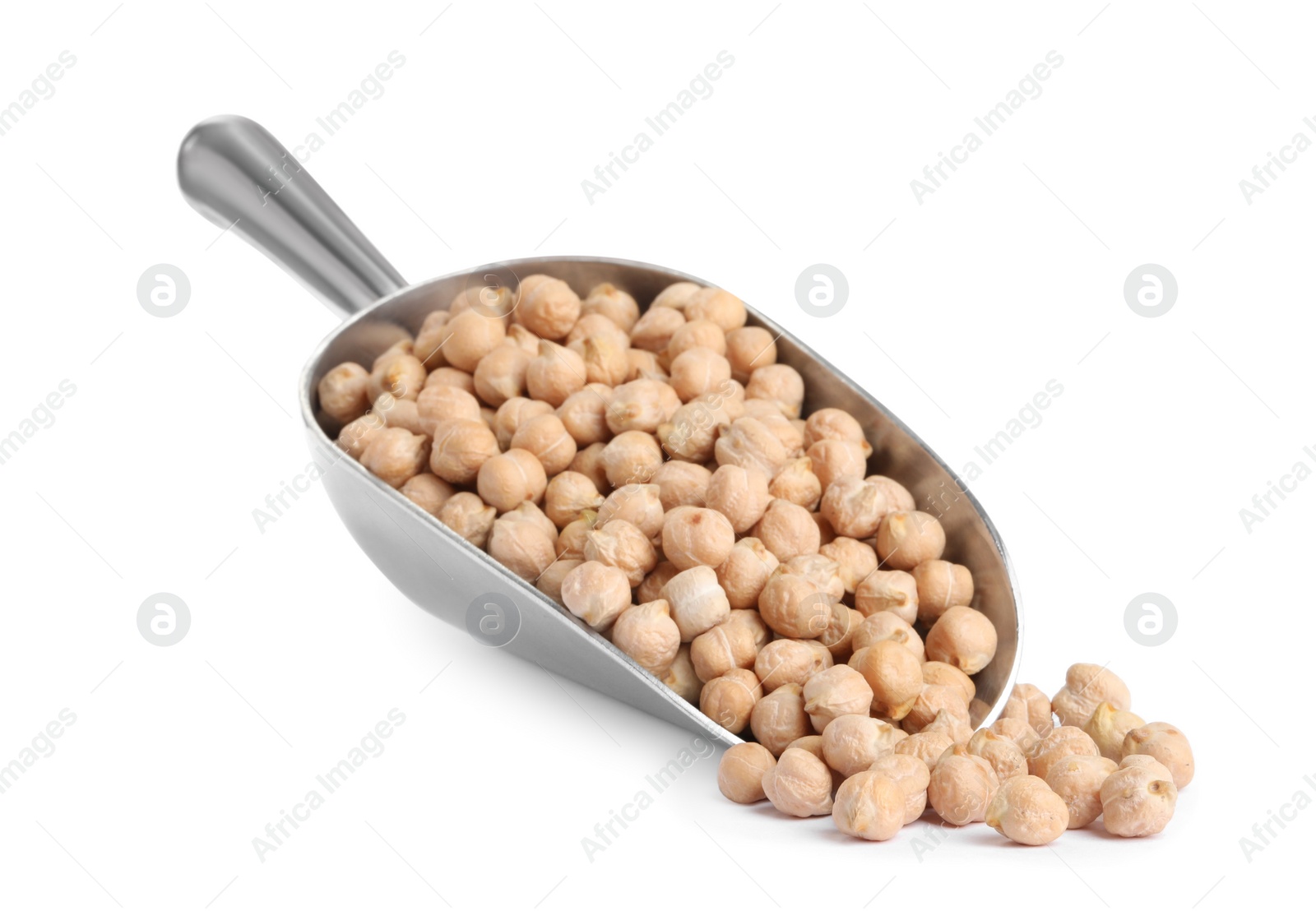 Photo of Raw chickpeas in scoop on white background