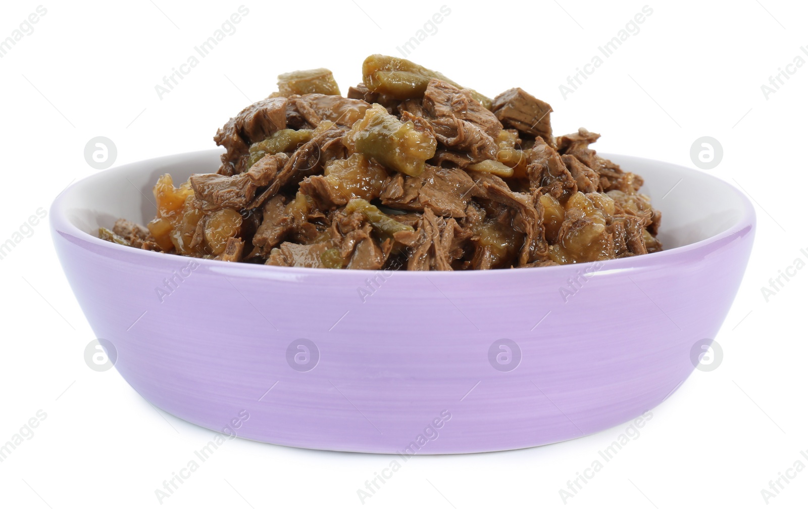 Photo of Wet pet food in feeding bowl isolated on white