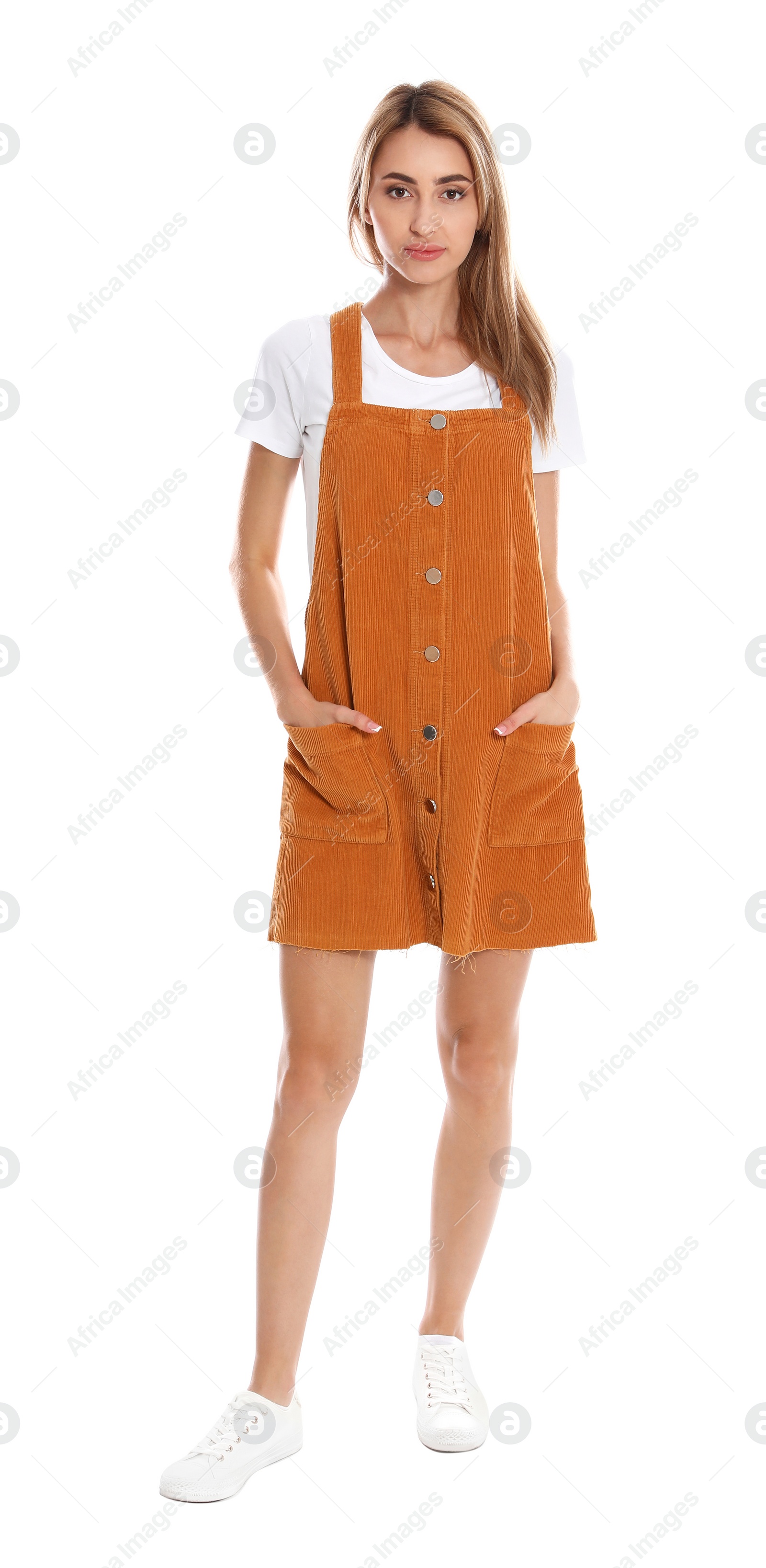 Photo of Beautiful young woman posing on white background