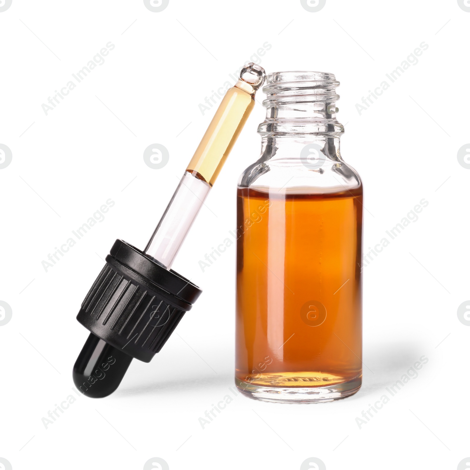 Photo of Cosmetic bottle and pipette with essential oil on white background