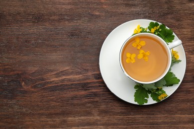 Photo of Cup of aromatic celandine tea and flowers on wooden table, top view. Space for text