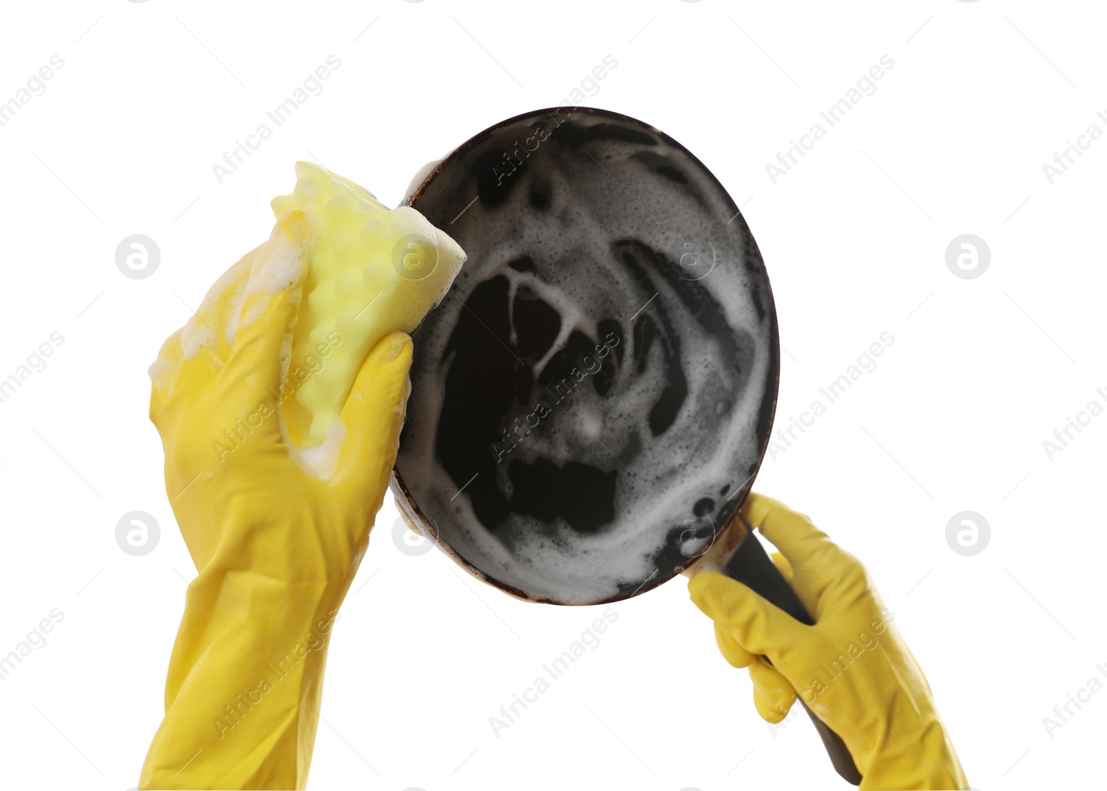 Photo of Woman washing dirty frying pan on white background, closeup