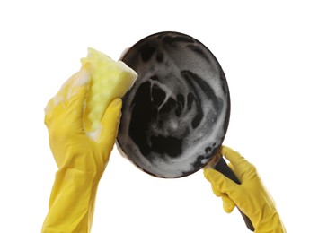 Photo of Woman washing dirty frying pan on white background, closeup