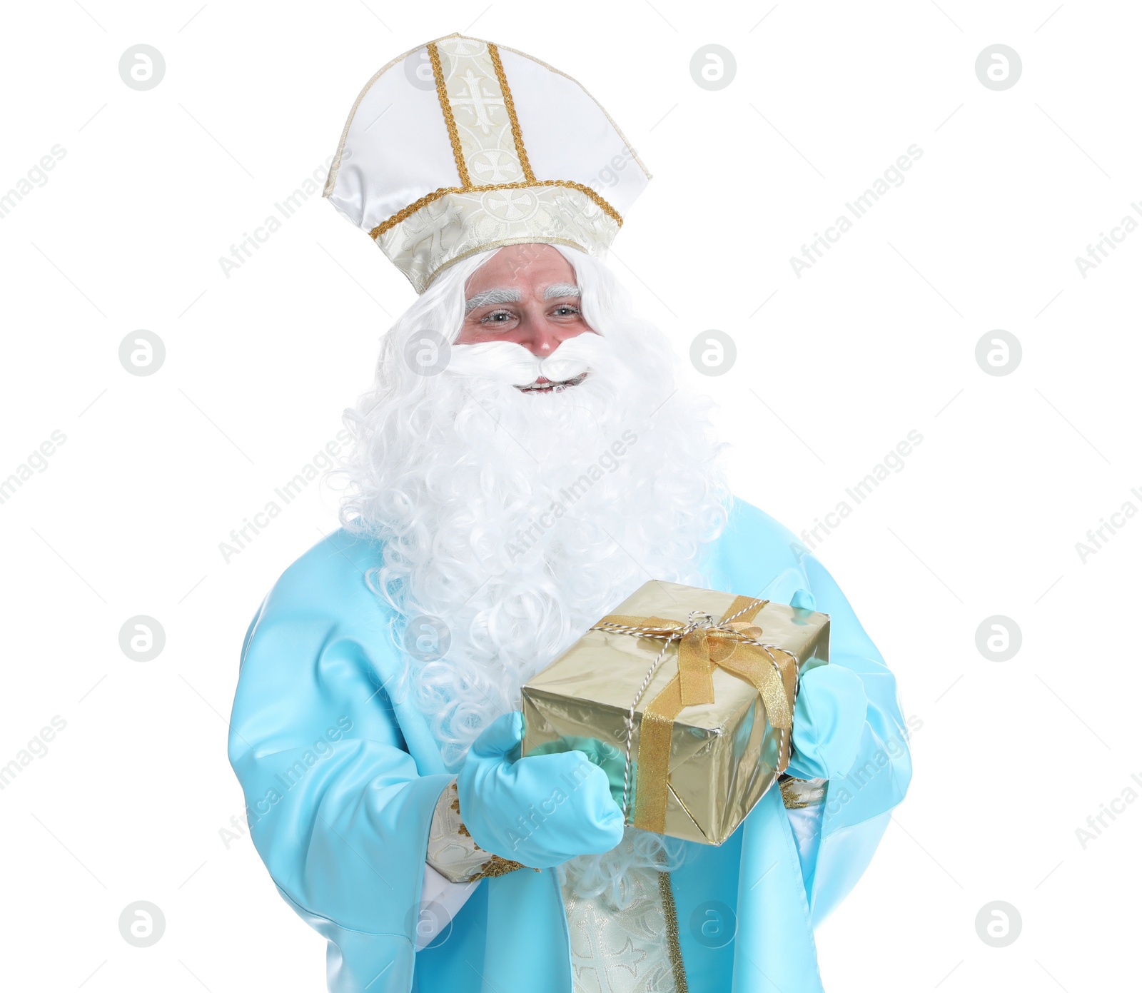 Photo of Portrait of Saint Nicholas with present on white background