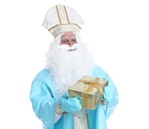 Portrait of Saint Nicholas with present on white background