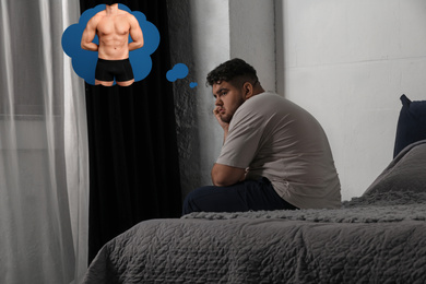 Image of Sad overweight man dreaming about muscular body at home