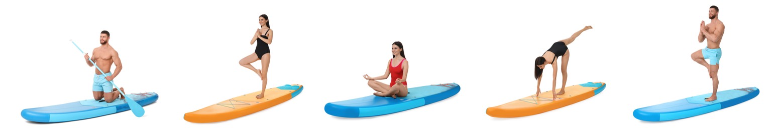 Image of Collage with photos of young man and woman practicing yoga on sup boards isolated on white