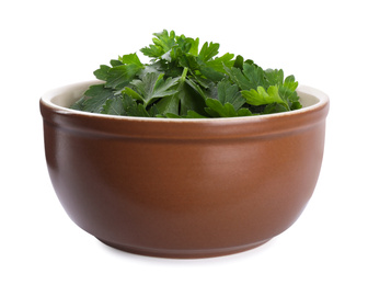 Photo of Fresh green parsley in bowl isolated on white