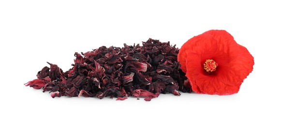 Pile of dry hibiscus tea and beautiful flower isolated on white