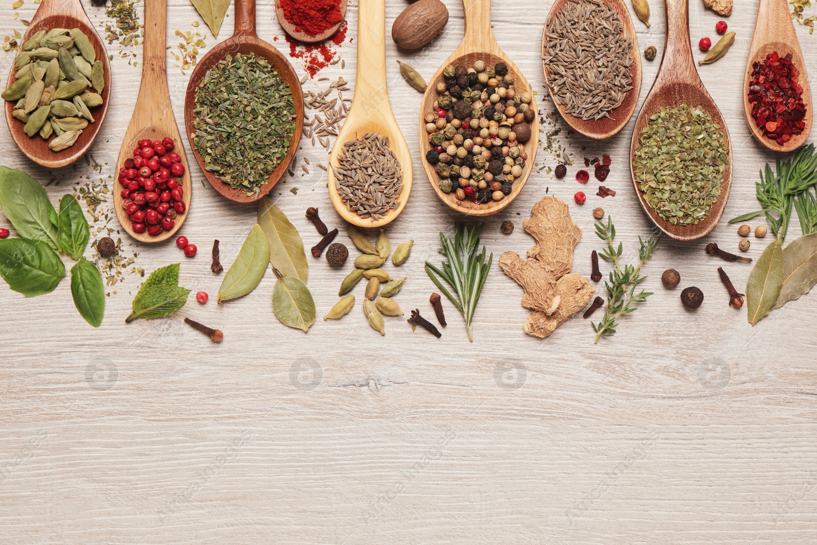 Photo of Different natural spices and herbs on light wooden table, flat lay. Space for text