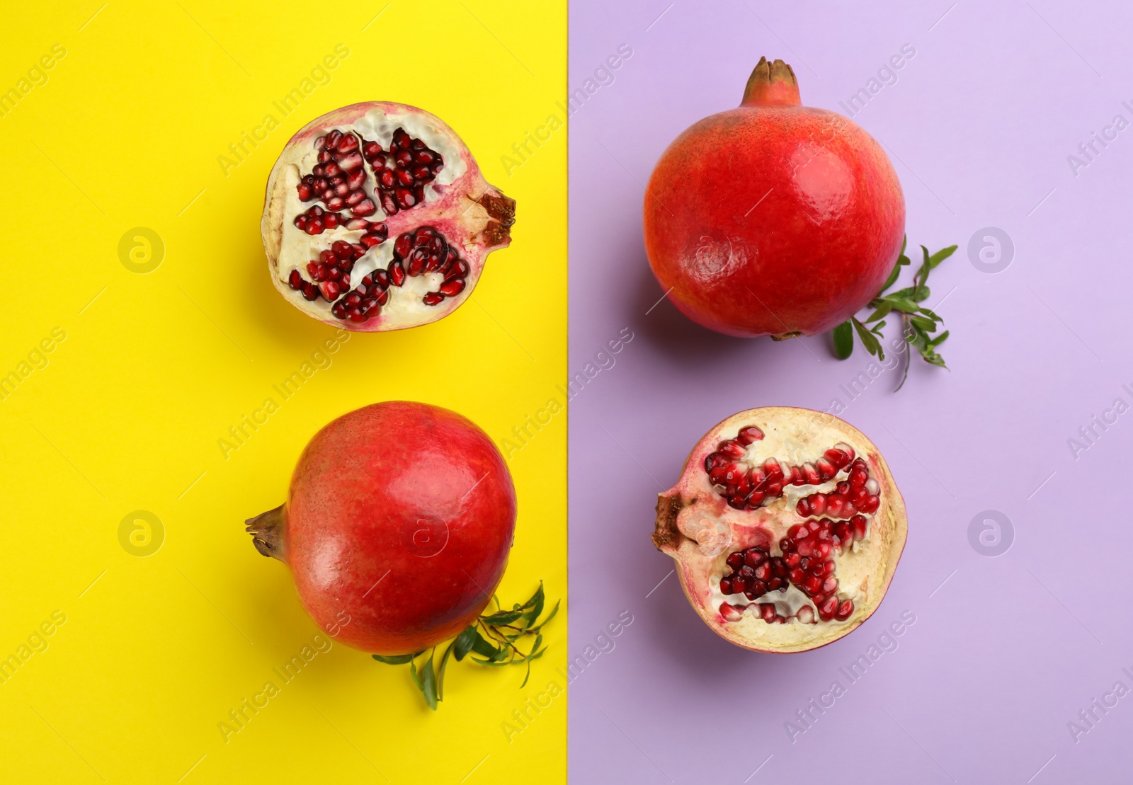 Photo of Flat lay composition with ripe pomegranates on color background