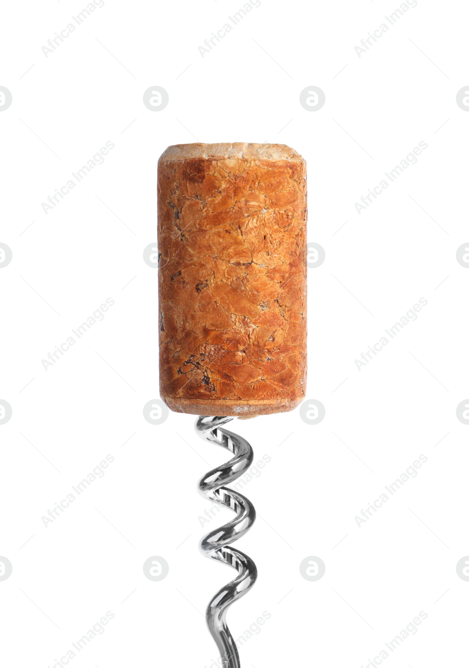 Photo of Corkscrew with wine cork on isolated background. Domestic tool