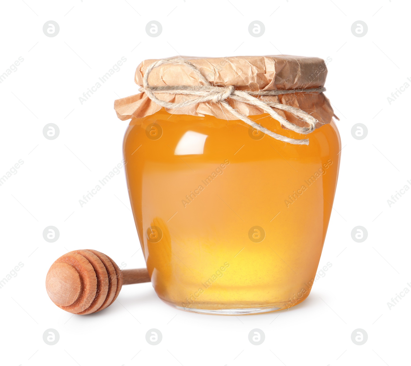 Photo of Tasty natural honey in glass jar and dipper isolated on white