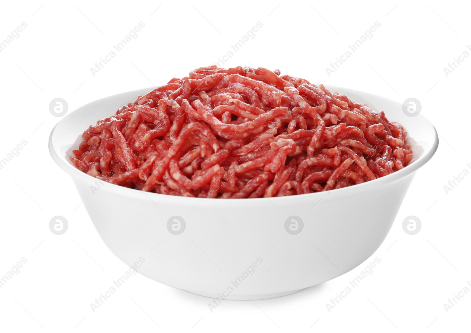 Photo of Fresh raw minced meat on white background