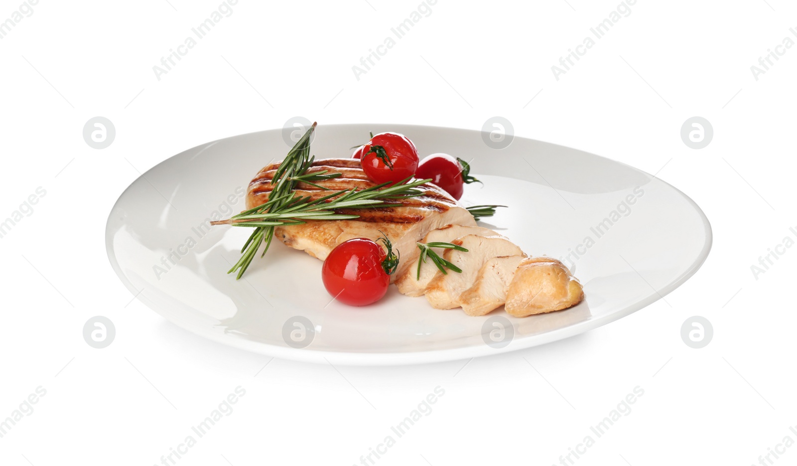 Photo of Tasty grilled chicken fillet with tomatoes and rosemary isolated on white