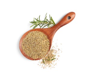 Photo of Wooden spoon with fresh and dry rosemary isolated on white, top view