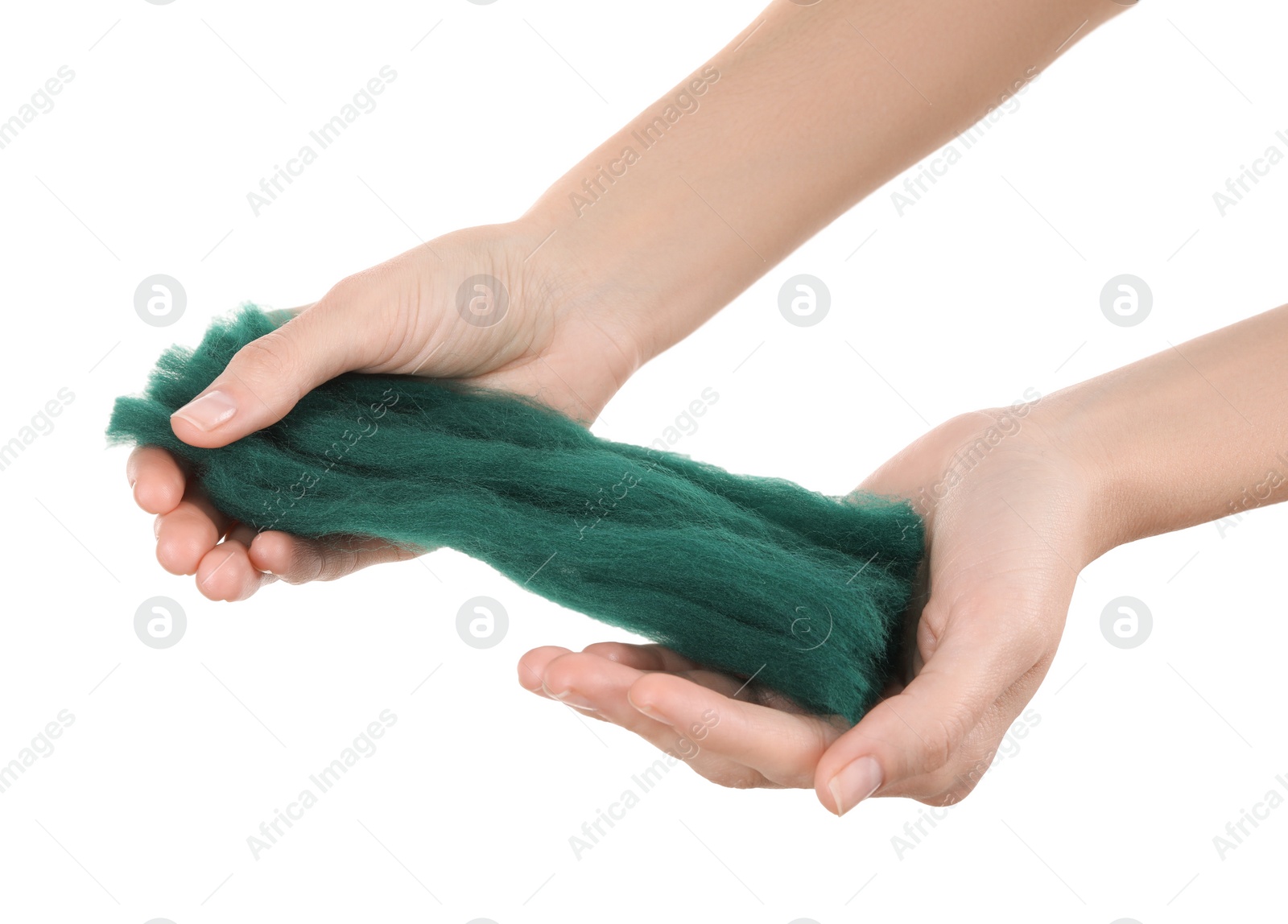 Photo of Woman holding teal felting wool on white background, closeup