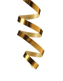 Photo of Shiny serpentine streamer on white background. Festive decor