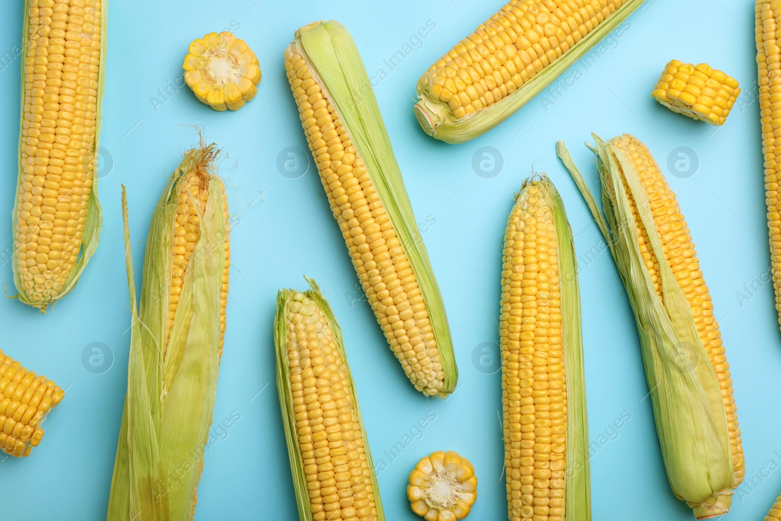 Photo of Flat lay composition with tasty sweet corn cobs on color background