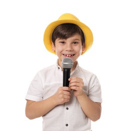 Photo of Cute little boy with microphone on white background