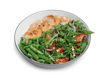 Healthy meal. Tasty vegetables and chicken breast in bowl isolated on white