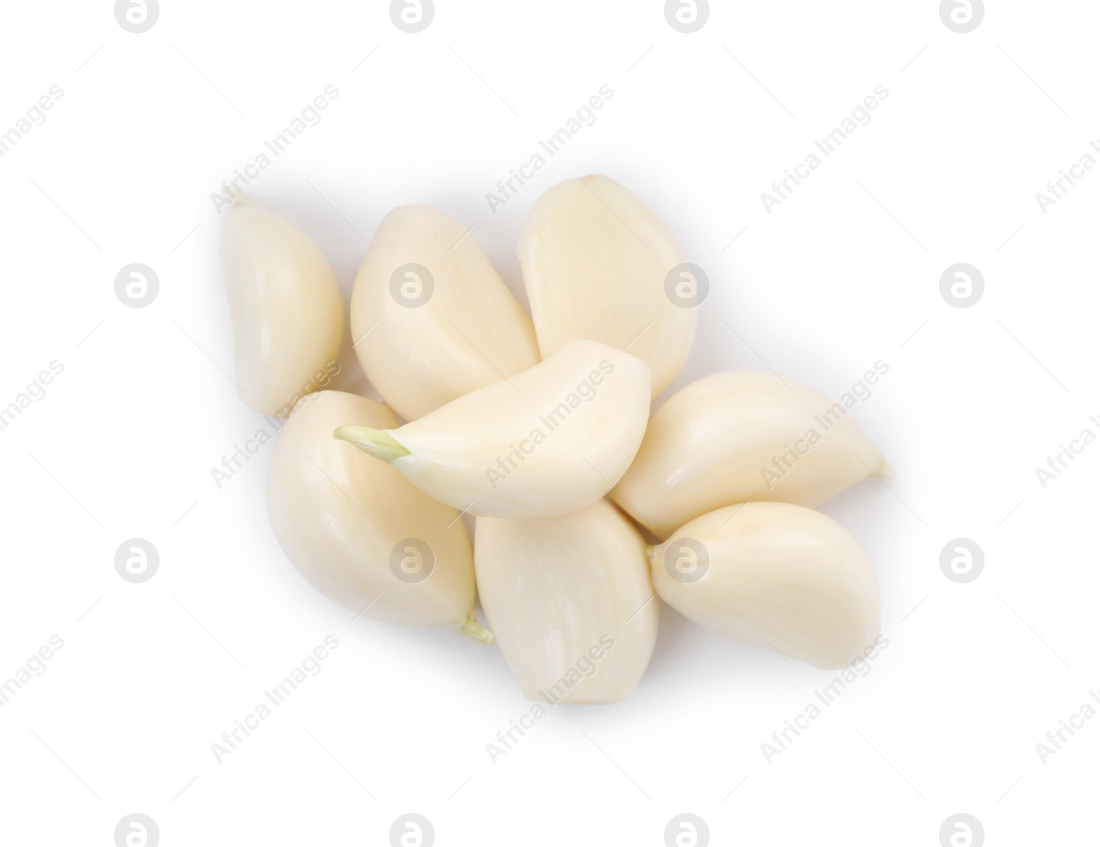 Photo of Peeled cloves of fresh garlic isolated on white, top view