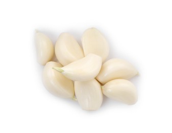 Photo of Peeled cloves of fresh garlic isolated on white, top view