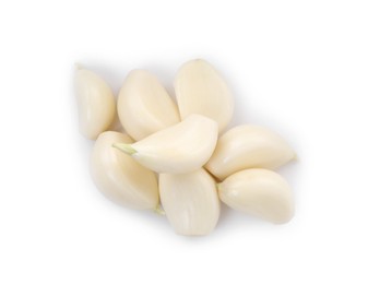 Peeled cloves of fresh garlic isolated on white, top view