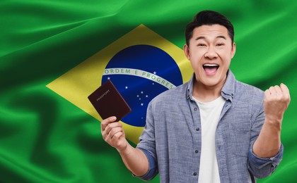 Image of Immigration. Happy man with passport against national flag of Brazil, space for text. Banner design