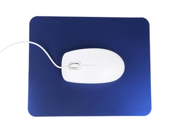 Modern wired optical mouse and blue pad isolated on white, top view