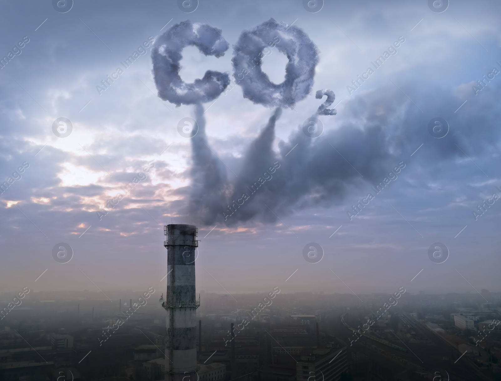 Image of Inscription CO2 made of smoke. Industrial factory polluting air, aerial view