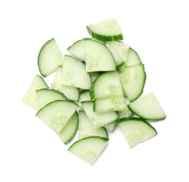 Photo of Pile of fresh cut cucumber isolated on white, top view