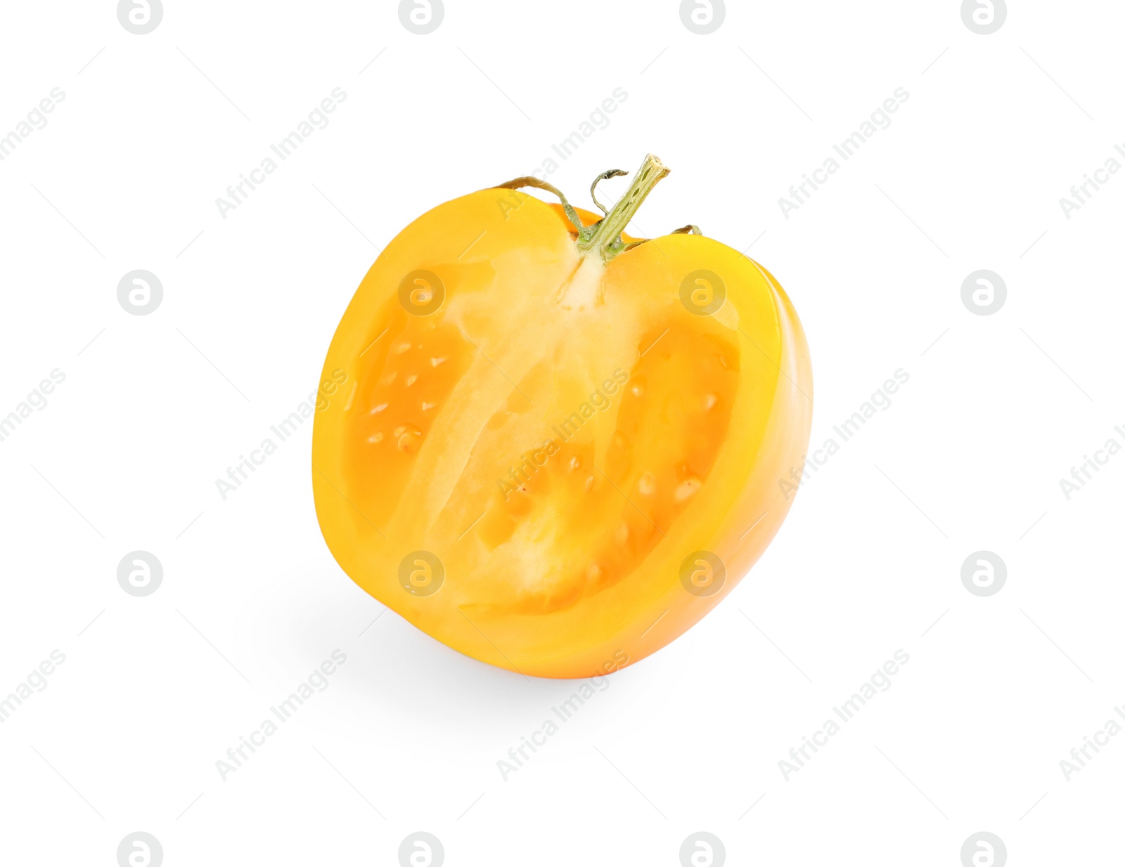 Photo of Half of fresh ripe yellow tomato isolated on white