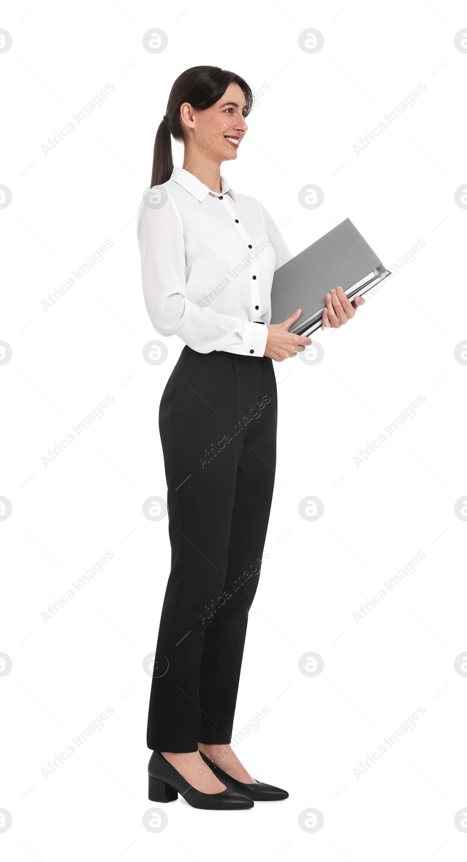 Photo of Happy businesswoman with folders on white background