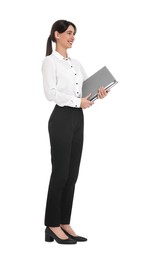 Happy businesswoman with folders on white background