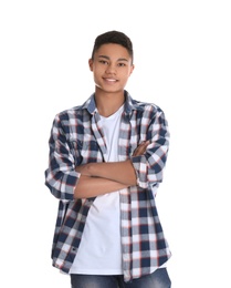 Portrait of African-American teenage boy on white background