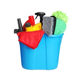 Photo of Light blue bucket and many different car wash products on white background