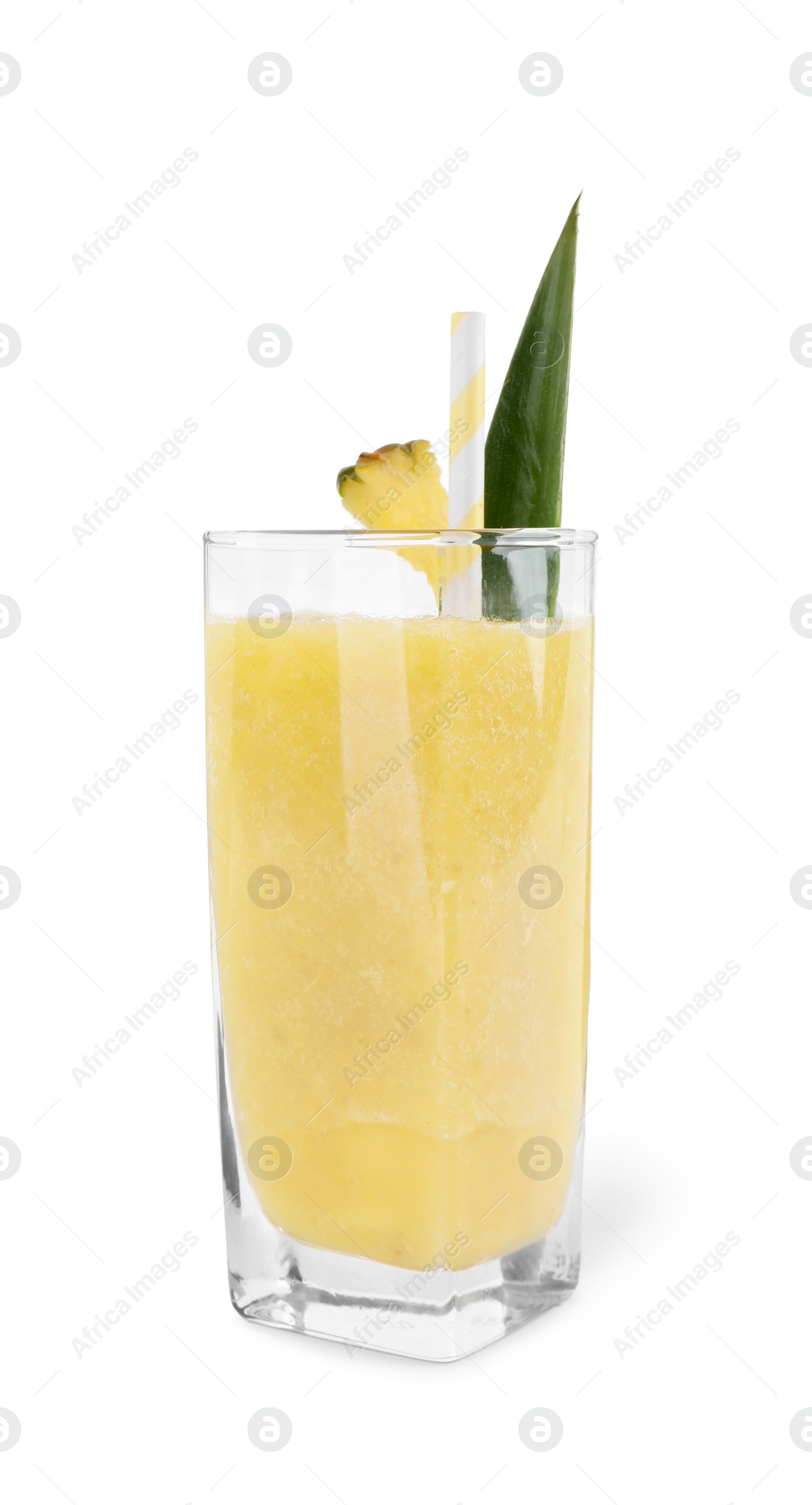 Photo of Glass of tasty pineapple smoothie isolated on white